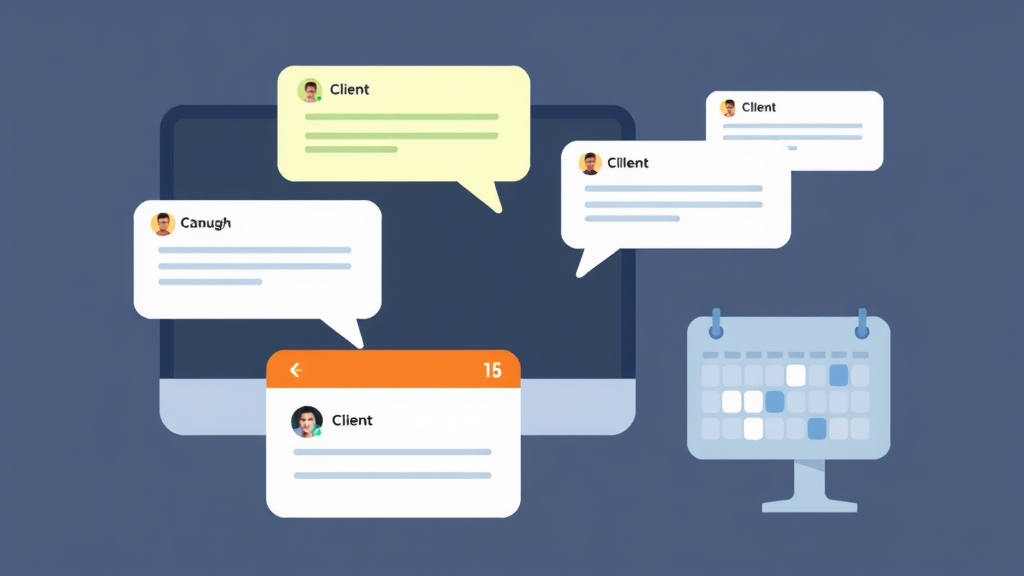 Illustration of automated client communication in real estate, featuring segmented client categories, personalized messages on a computer screen, and a schedule calendar.
