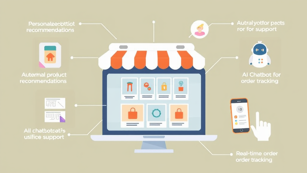 Illustration of automated online retail features, including personalized product recommendations, AI chatbots for support, and real-time order tracking.