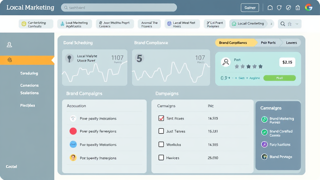 Illustration of local marketing automation dashboard showing tools for scheduling, analytics, and campaign management with a brand compliance checklist.
