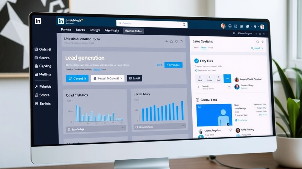 Image of a computer screen displaying LinkedIn automation tools dashboard with features like lead generation, outreach statistics, and campaign management.