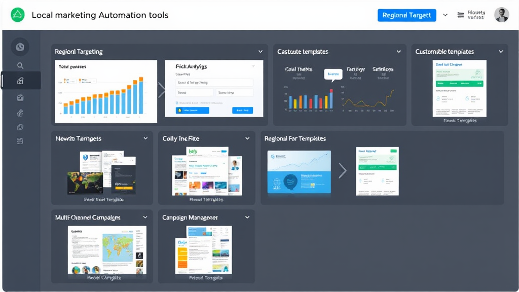 Image of a dashboard displaying local marketing automation tools, featuring analytics, customizable templates, and multi-channel campaign management for regional targeting.