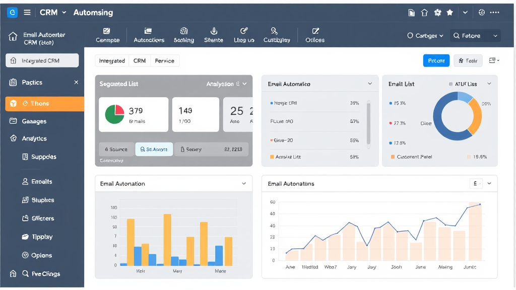 Image of a digital dashboard displaying integrated CRM and email automation tools, showcasing customer data, segmented lists, and analytics graphs for targeted campaigns.