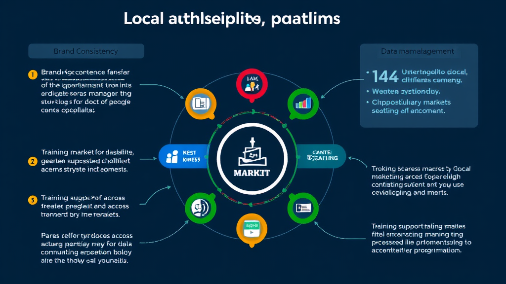 Infographic depicting challenges and solutions in local marketing automation, showcasing brand consistency, data management, and training support across different markets.