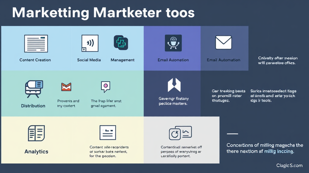 Infographic displaying a variety of marketing tools categorized by function: content creation, social media management, email automation, distribution, and analytics.