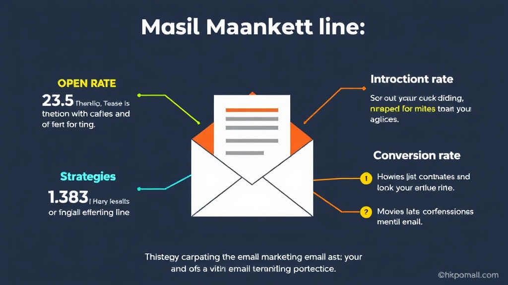 Infographic displaying key email marketing metrics such as open rate, click-through rate, and conversion rate alongside strategies for optimization.