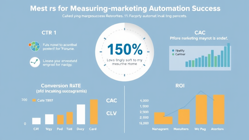 Infographic displaying key metrics for measuring marketing automation success, including CTR, conversion rate, CAC, CLV, and ROI, with visual charts and graphs.