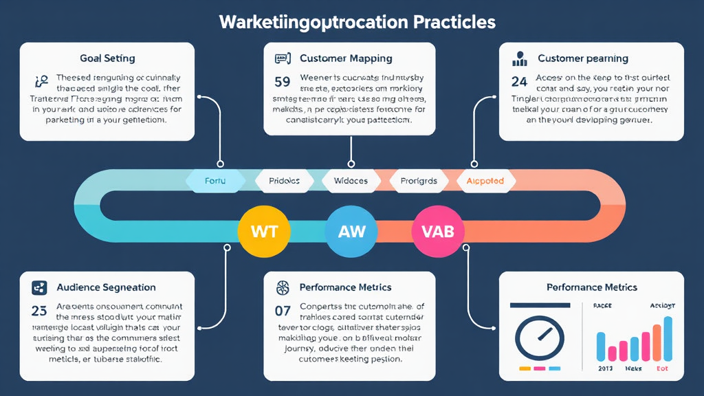 Infographic illustrating best practices for marketing automation, featuring goal setting, customer journey mapping, audience segmentation, and performance metrics.