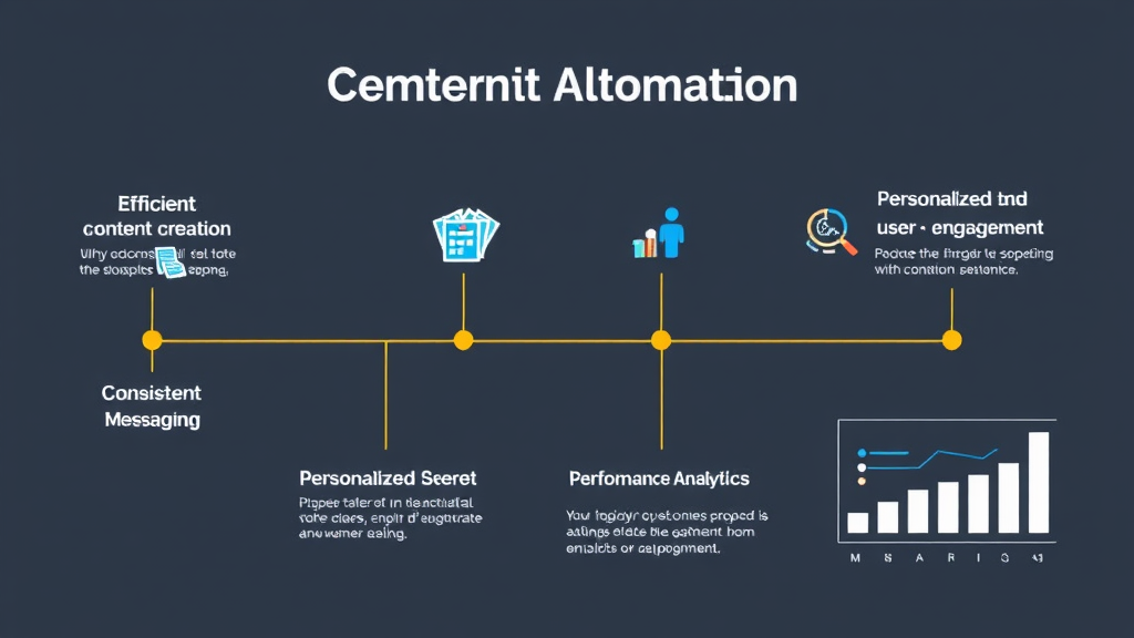 Infographic illustrating content automation process: efficient content creation, consistent messaging, personalized user engagement, and performance analytics.
