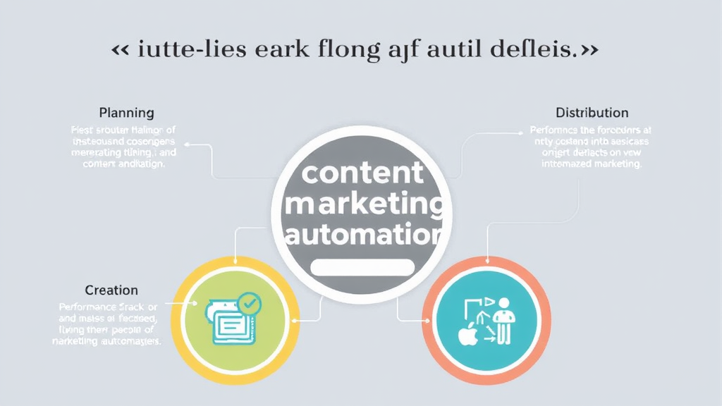 Infographic illustrating the key components of content marketing automation: planning, creation, distribution, performance tracking, and personalization.
