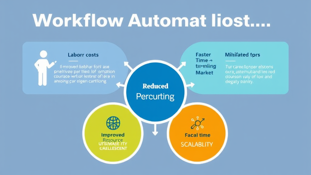 Infographic illustrating workflow automation benefits: reduced labor costs, minimized errors, improved resource utilization, faster time-to-market, and scalability.