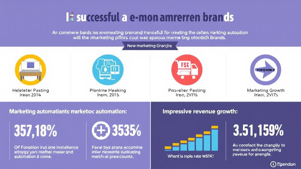 Infographic showcasing successful e-commerce brands utilizing marketing automation, illustrating key strategies and impressive revenue growth statistics.