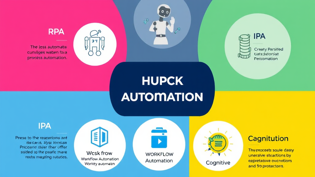 Infographic showcasing various process automation technologies, including RPA, AI, IPA, hyperautomation, workflow automation, and cognitive automation.