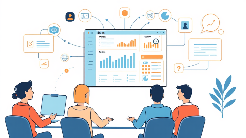 Sales automation concept illustrated with a team collaborating, software dashboard monitoring sales metrics, and automated notifications enhancing communication.