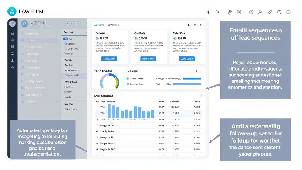 Visual of a law firm's marketing automation dashboard showcasing email sequences, lead segmentation, and automated follow-up task management for client acquisition.