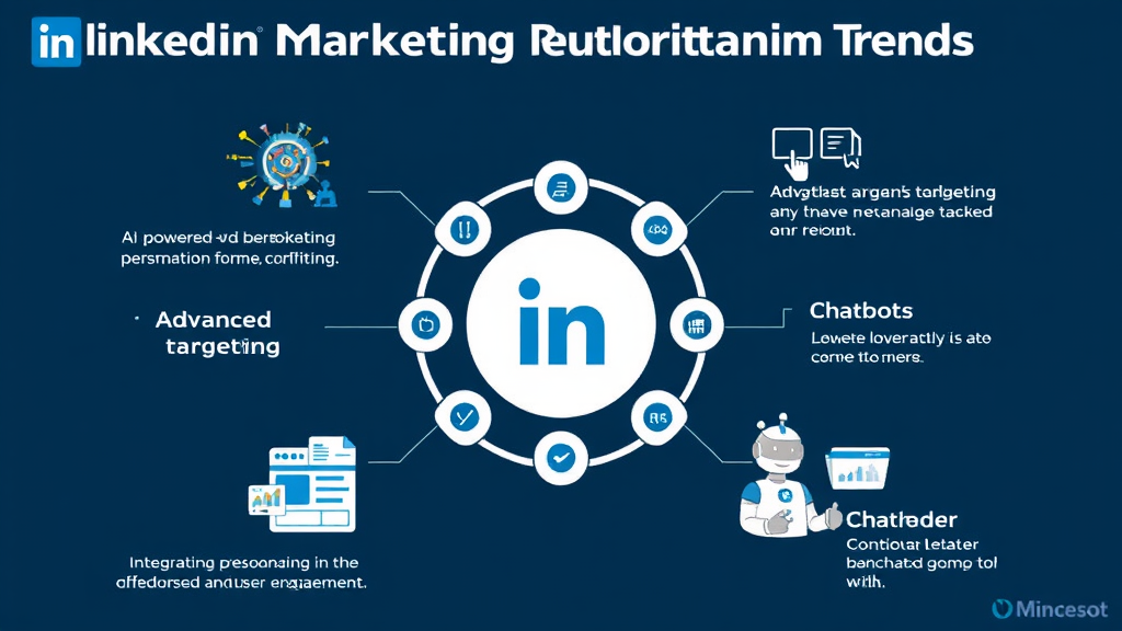 Visual representation of LinkedIn marketing automation trends featuring AI-powered personalization, advanced targeting, integration with platforms, and chatbots for user engagement.
