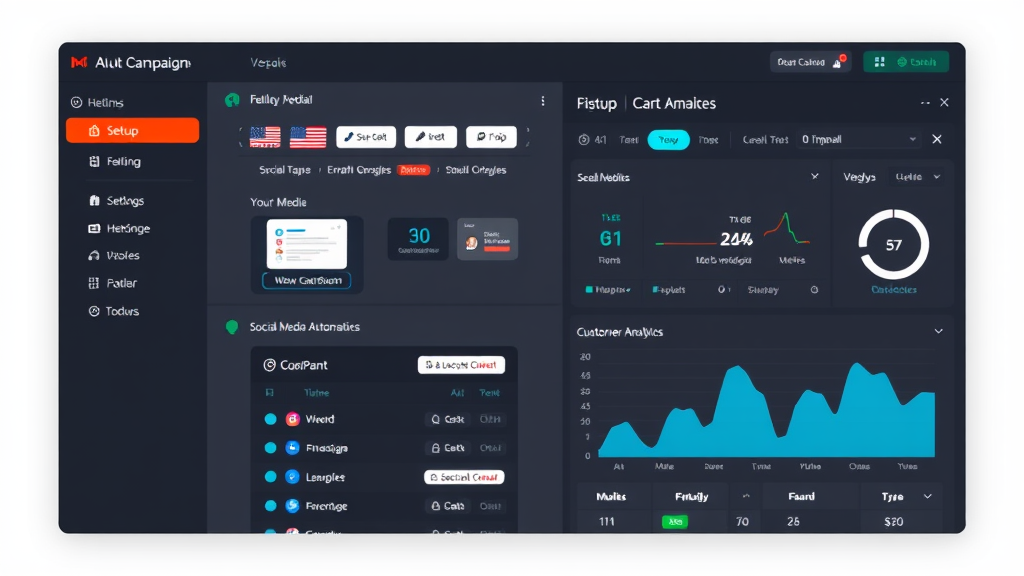 Visual representation of marketing automation software interface featuring email campaign setup, social media scheduling, and customer analytics dashboard.