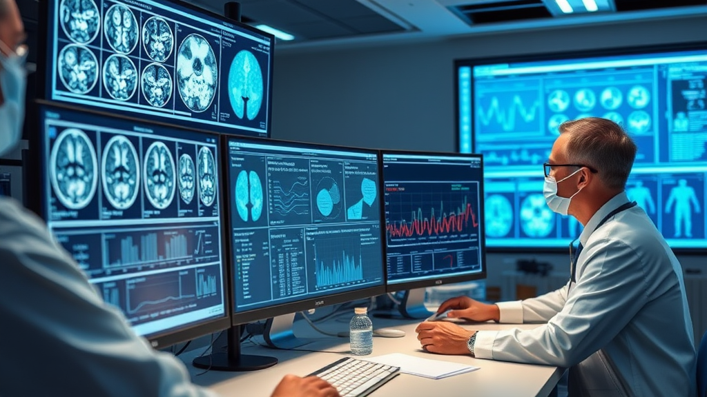 AI in healthcare showcasing computer screens displaying diagnostic images and graphs, with healthcare professionals analyzing patient data for precise treatment.