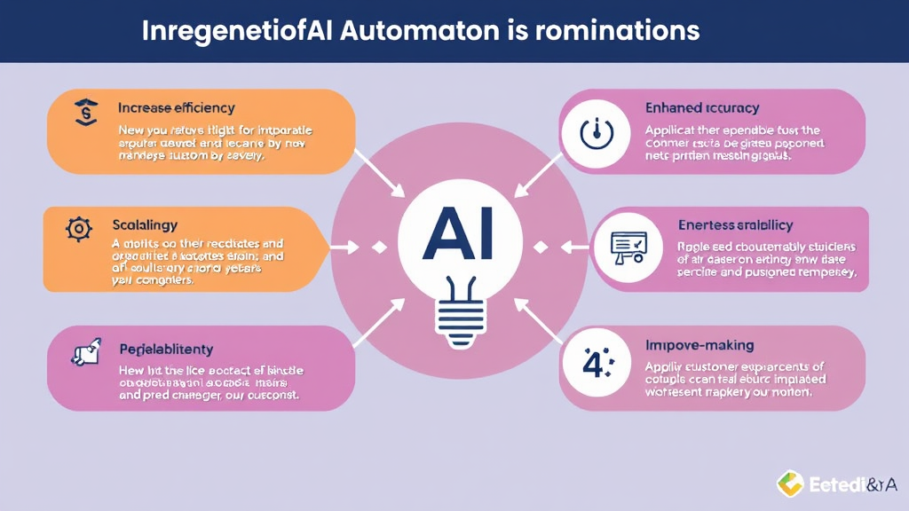 Infographic illustrating the benefits of AI automation in business operations: increased efficiency, cost savings, enhanced accuracy, scalability, improved customer experience, and better decision-making.