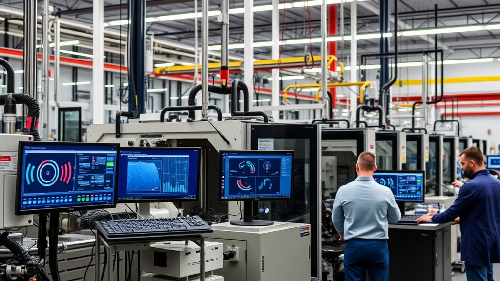 Manufacturing facility with automated machines, AI monitoring screens displaying data analytics, and workers performing maintenance on equipment.