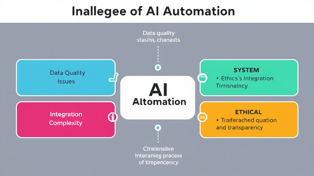 Visual diagram illustrating challenges of AI automation: data quality issues, system integration complexities, and ethical considerations like bias and transparency.